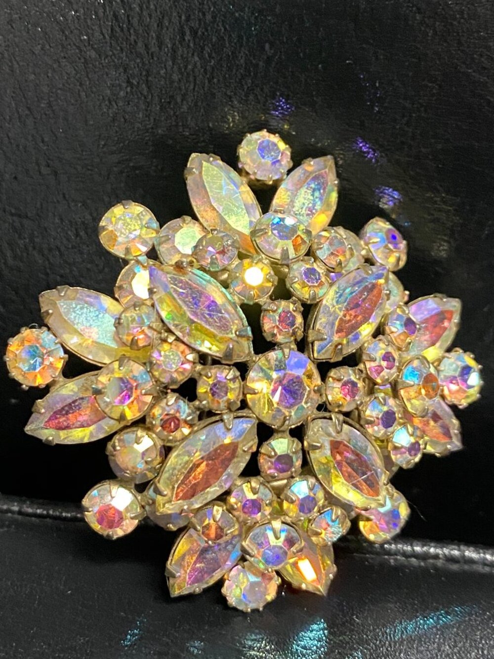 Vintage Signed SHERMAN 2” Aurora Borealis Rhinestone Brooch, Tiered Starburst